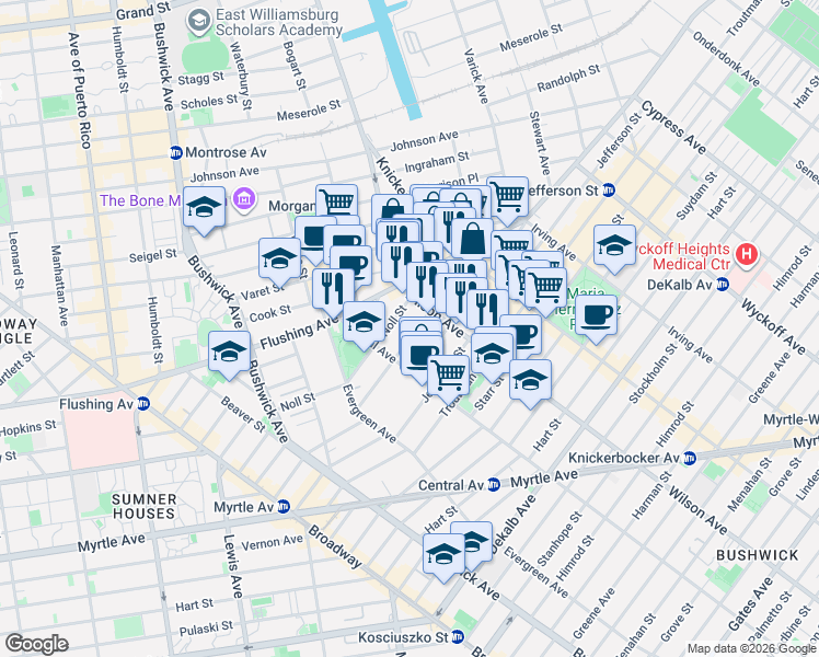map of restaurants, bars, coffee shops, grocery stores, and more near 85 George Street in Brooklyn