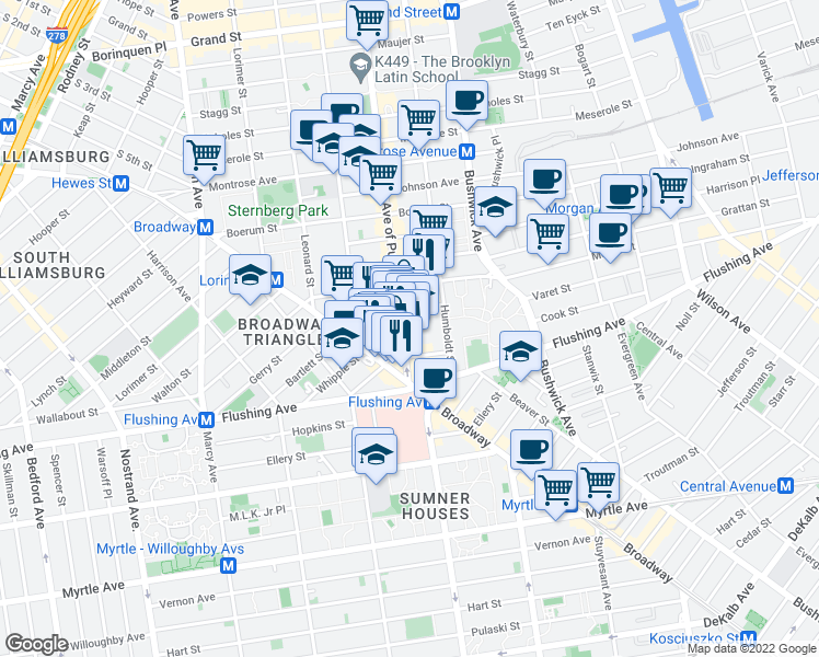map of restaurants, bars, coffee shops, grocery stores, and more near 44 Varet Street in Brooklyn
