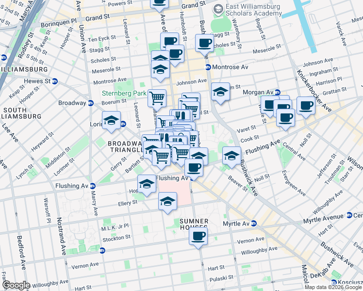 map of restaurants, bars, coffee shops, grocery stores, and more near 44 Varet Street in Brooklyn