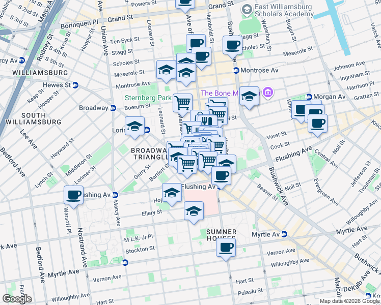 map of restaurants, bars, coffee shops, grocery stores, and more near 10 Manhattan Avenue in Brooklyn