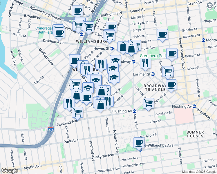 map of restaurants, bars, coffee shops, grocery stores, and more near 150 Heyward Street in Brooklyn