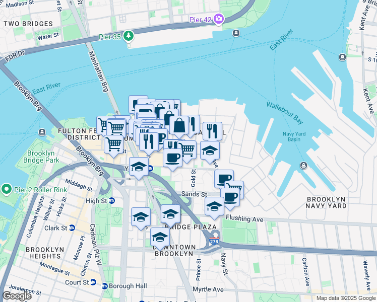 map of restaurants, bars, coffee shops, grocery stores, and more near 251 Front Street in Brooklyn