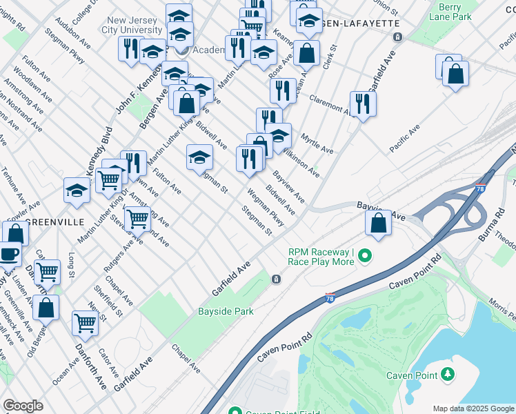 map of restaurants, bars, coffee shops, grocery stores, and more near 60 Stegman Street in Jersey City