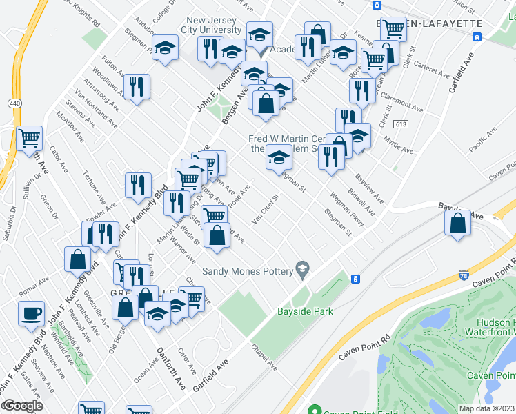 map of restaurants, bars, coffee shops, grocery stores, and more near 118-120 Woodlawn Avenue in Jersey City