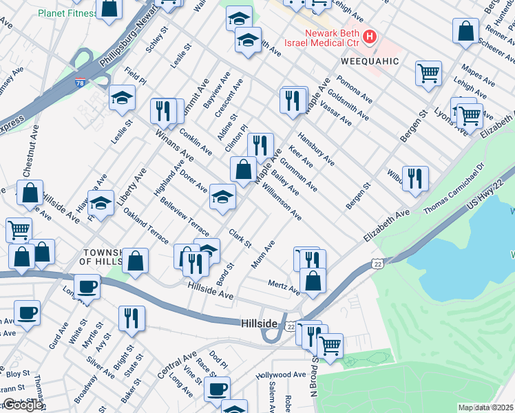 map of restaurants, bars, coffee shops, grocery stores, and more near 1536 Center Street in Hillside