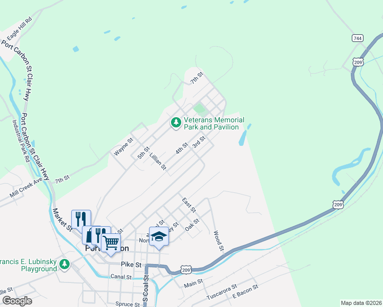 map of restaurants, bars, coffee shops, grocery stores, and more near 555 3rd Street in Port Carbon