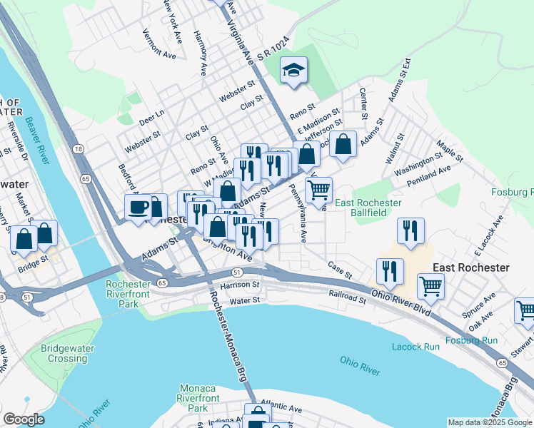 map of restaurants, bars, coffee shops, grocery stores, and more near 411 Jackson Street in Rochester