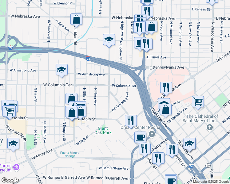 map of restaurants, bars, coffee shops, grocery stores, and more near 103 Northeast Roanoke Avenue in Peoria