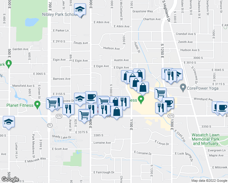 map of restaurants, bars, coffee shops, grocery stores, and more near 3151 South 1000 East in Millcreek