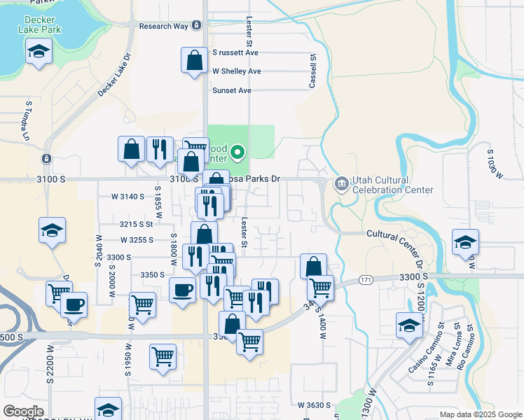 map of restaurants, bars, coffee shops, grocery stores, and more near 1559 Alsace Way in West Valley City