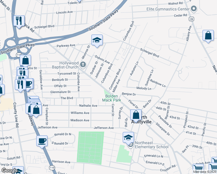 map of restaurants, bars, coffee shops, grocery stores, and more near 3460 Great Neck Road in Amityville