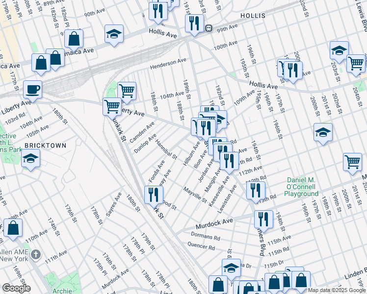 map of restaurants, bars, coffee shops, grocery stores, and more near 109-09 Rye Place in Queens