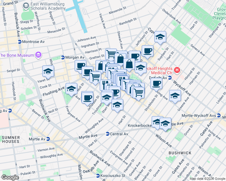 map of restaurants, bars, coffee shops, grocery stores, and more near 238 Troutman Street in Brooklyn