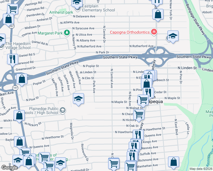 map of restaurants, bars, coffee shops, grocery stores, and more near 246 North Beech Street in Massapequa