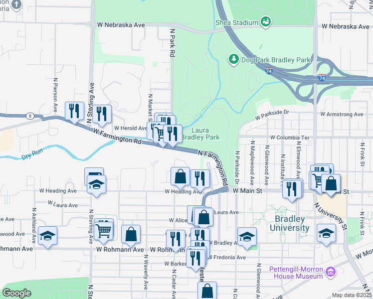 map of restaurants, bars, coffee shops, grocery stores, and more near 1199 North Farmington Road in Peoria
