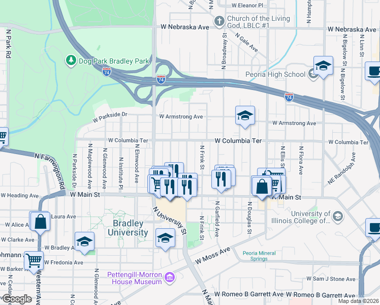 map of restaurants, bars, coffee shops, grocery stores, and more near 1210 North Bourland Avenue in Peoria