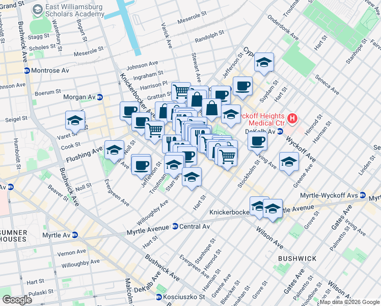 map of restaurants, bars, coffee shops, grocery stores, and more near 244 Knickerbocker Avenue in Brooklyn