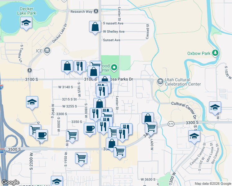 map of restaurants, bars, coffee shops, grocery stores, and more near 3181 Alsace Way in West Valley City
