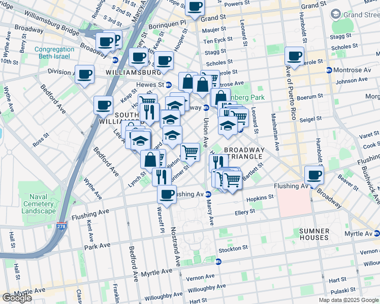 map of restaurants, bars, coffee shops, grocery stores, and more near 132 Middleton Street in Brooklyn