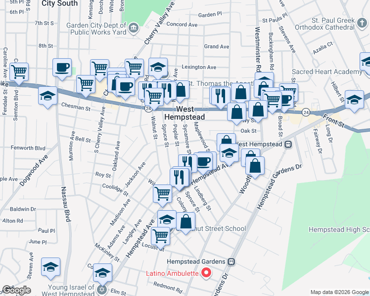 map of restaurants, bars, coffee shops, grocery stores, and more near 86 Sycamore Street in West Hempstead