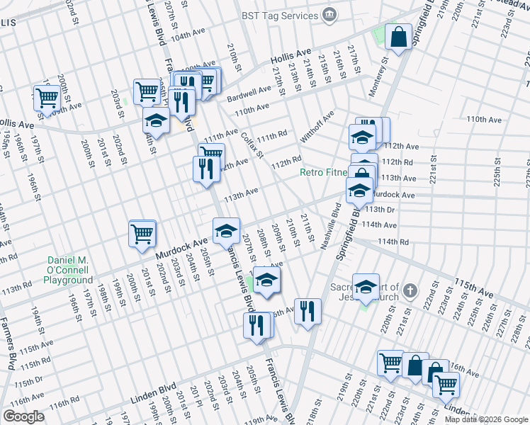 map of restaurants, bars, coffee shops, grocery stores, and more near 113-40 209th Street in Queens