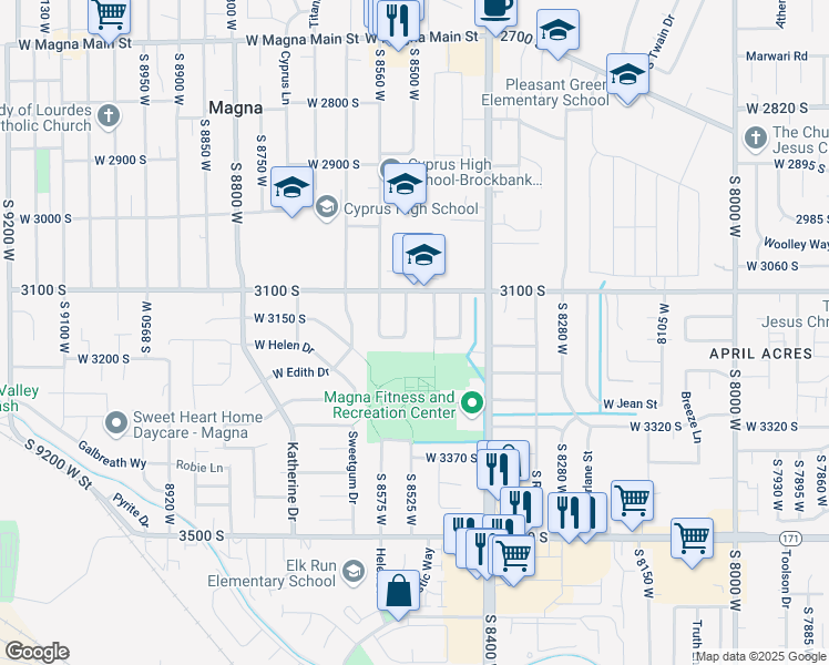 map of restaurants, bars, coffee shops, grocery stores, and more near 3161 South 8520 West in Magna