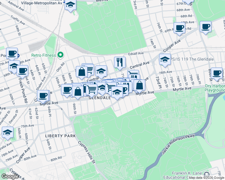 map of restaurants, bars, coffee shops, grocery stores, and more near 71-58 69th Place in Queens