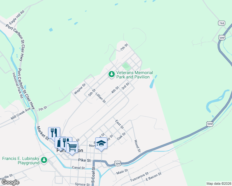 map of restaurants, bars, coffee shops, grocery stores, and more near 555 3rd Street in Port Carbon