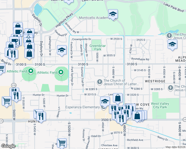 map of restaurants, bars, coffee shops, grocery stores, and more near 3176 Eagle Rock Way in West Valley City