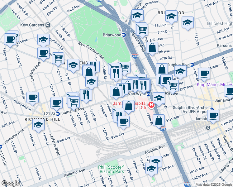 map of restaurants, bars, coffee shops, grocery stores, and more near 86-39 131st Street in Queens