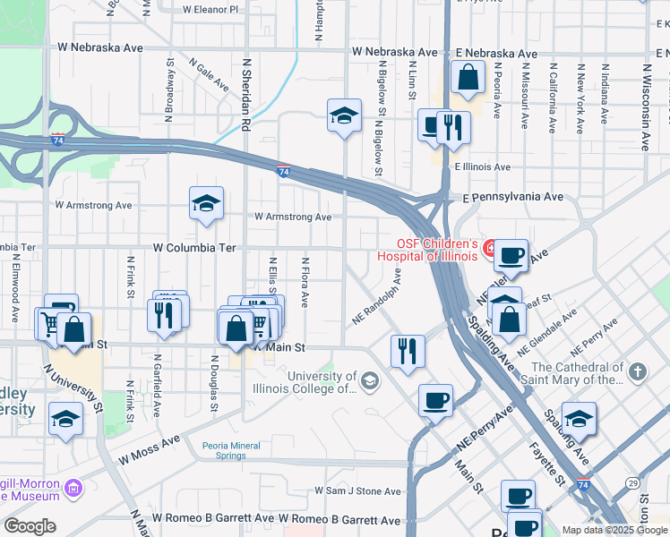 map of restaurants, bars, coffee shops, grocery stores, and more near 1209 North North Street in Peoria