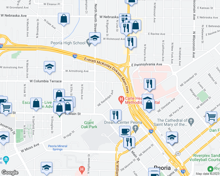 map of restaurants, bars, coffee shops, grocery stores, and more near 226 Northeast Randolph Avenue in Peoria