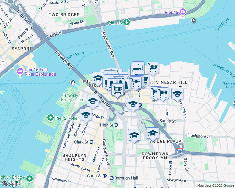 map of restaurants, bars, coffee shops, grocery stores, and more near 68 Jay Street in Brooklyn