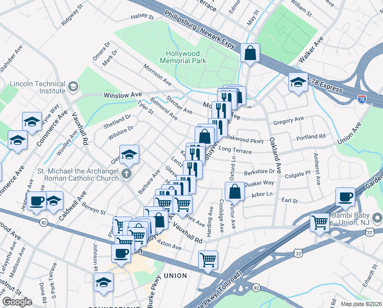 map of restaurants, bars, coffee shops, grocery stores, and more near 1328 Camden Court in Union