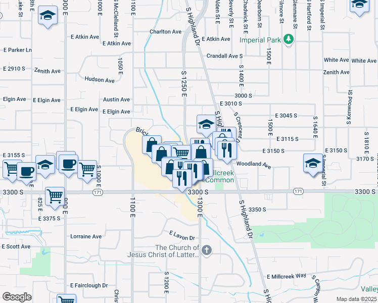 map of restaurants, bars, coffee shops, grocery stores, and more near 3180 South Richmond Street in Salt Lake City