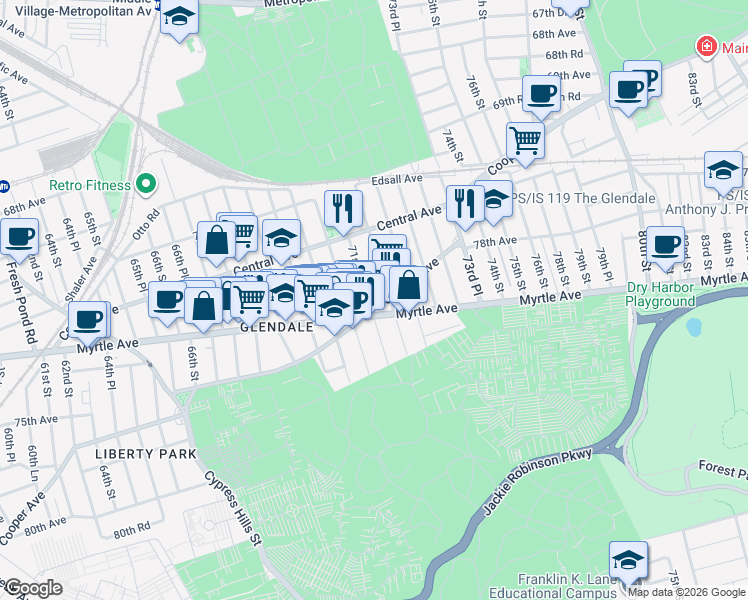 map of restaurants, bars, coffee shops, grocery stores, and more near 71-66 71st Place in Queens
