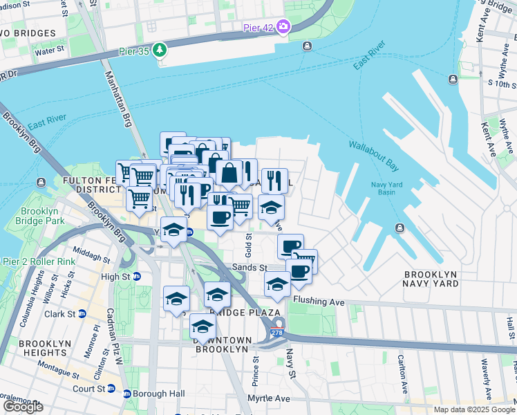 map of restaurants, bars, coffee shops, grocery stores, and more near 251 Front Street in Brooklyn
