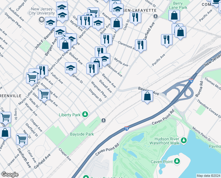 map of restaurants, bars, coffee shops, grocery stores, and more near 18 Bidwell Avenue in Jersey City