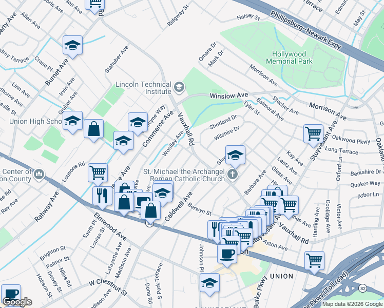 map of restaurants, bars, coffee shops, grocery stores, and more near 2200 Hobart Street in Union