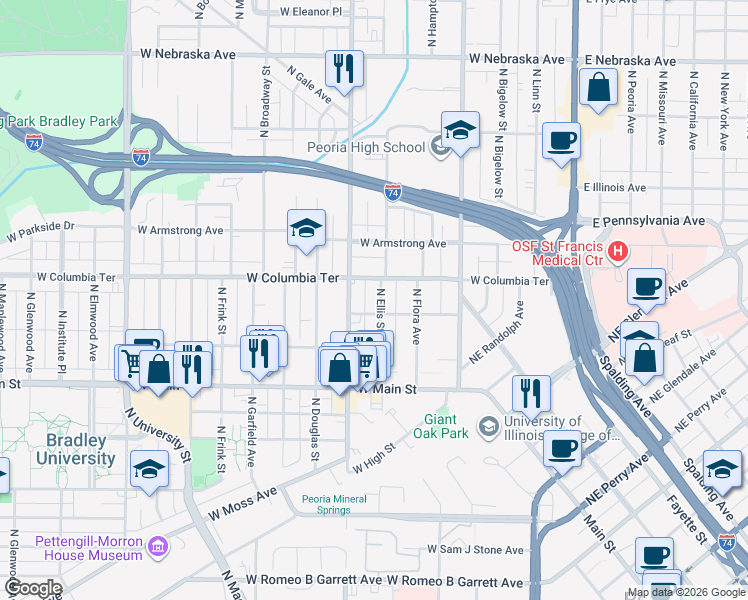 map of restaurants, bars, coffee shops, grocery stores, and more near 1207 North Ellis Street in Peoria