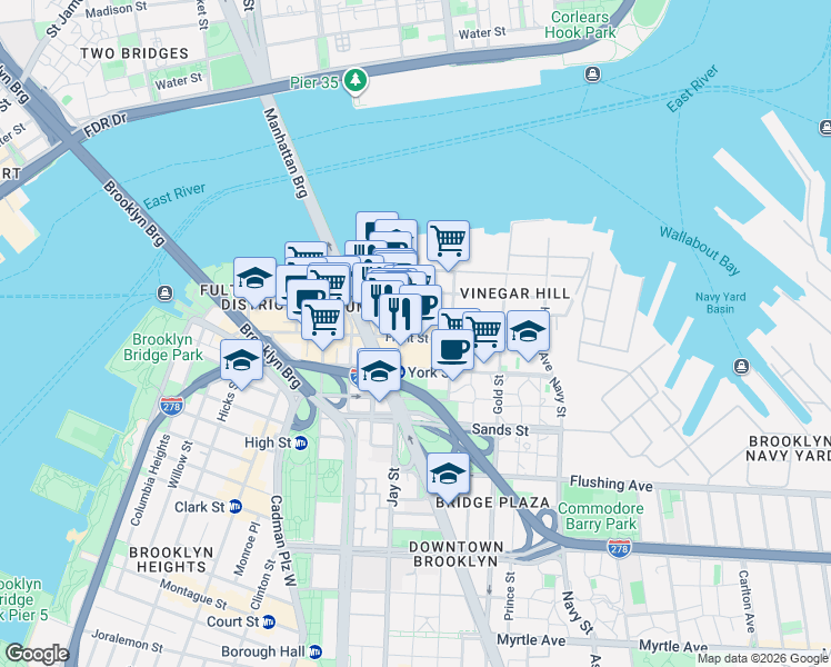 map of restaurants, bars, coffee shops, grocery stores, and more near 181 Front Street in Brooklyn