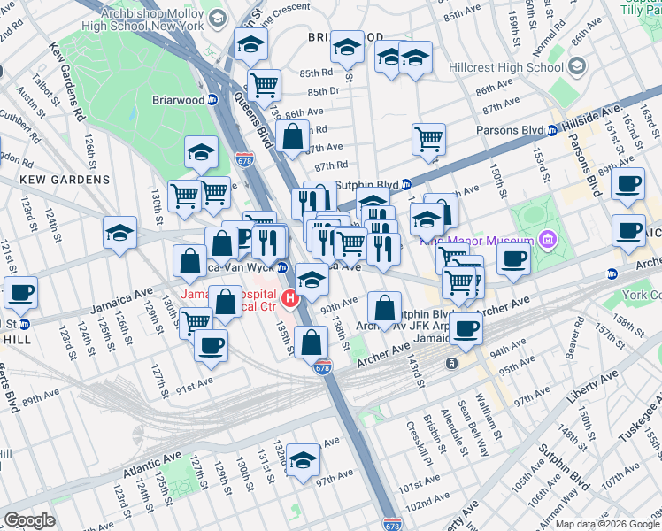 map of restaurants, bars, coffee shops, grocery stores, and more near Queens Boulevard & Jamaica Avenue in Queens