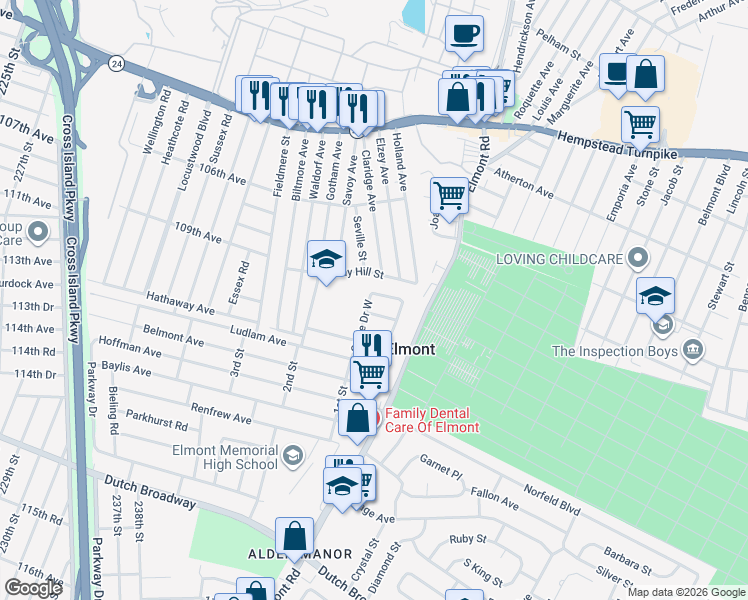 map of restaurants, bars, coffee shops, grocery stores, and more near 66 Circle Drive West in Elmont