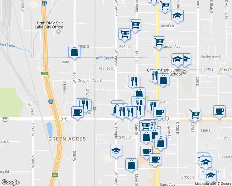 map of restaurants, bars, coffee shops, grocery stores, and more near 3146 South West Temple in South Salt Lake