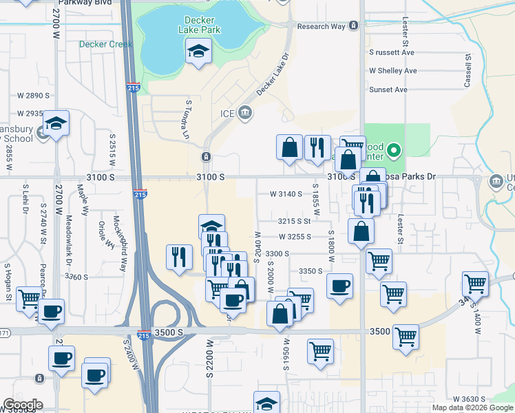 map of restaurants, bars, coffee shops, grocery stores, and more near 3184 Hammonton Circle in West Valley City