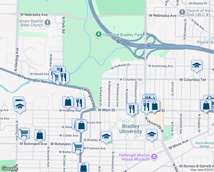 map of restaurants, bars, coffee shops, grocery stores, and more near 1211 North Maplewood Avenue in Peoria