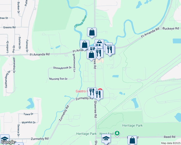 map of restaurants, bars, coffee shops, grocery stores, and more near 2600 Shawnee Road in Lima