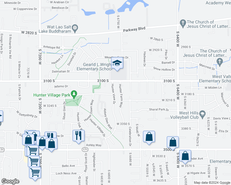 map of restaurants, bars, coffee shops, grocery stores, and more near 3167 Hunter View Drive in West Valley City