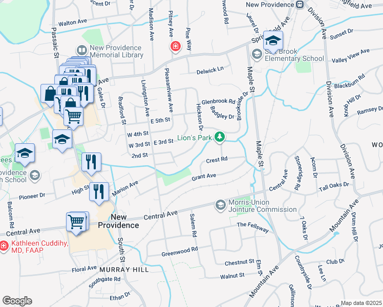 map of restaurants, bars, coffee shops, grocery stores, and more near 172 Hickson Drive in New Providence