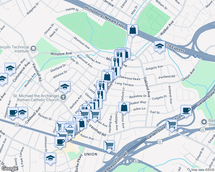 map of restaurants, bars, coffee shops, grocery stores, and more near 1338 Stuyvesant Avenue in Union